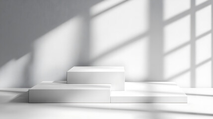 Fototapete - Minimalist design for presentation and product display, white square podiums with sunlight and shadow background
