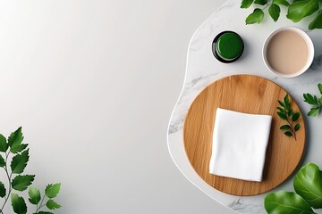 Poster - Minimalist marble surface with a wooden board and folded white linen napkin framed from a top down perspective for a sleek contemporary culinary tableau  Soft diffused lighting creates a bright