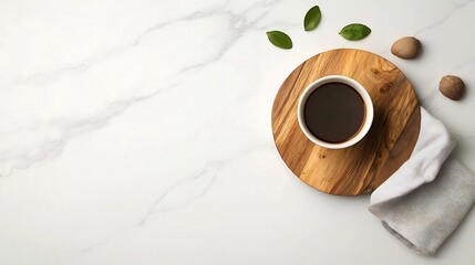 Poster - Overhead view of an elegant marble surface featuring an artisanal wooden board soft textile napkin and ceramic coffee cup showcasing the simple forms textures