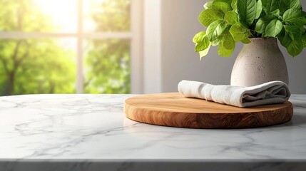 Poster - Overhead perspective of an elegant marble surface featuring an artisanal wooden board and a soft textile napkin