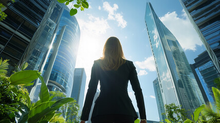 Poster - businesswoman stands confidently in futuristic city park surrounded by lush greenery and modern skyscrapers, with sunlight streaming through buildings