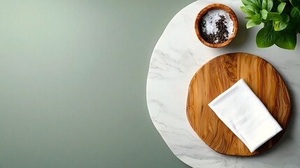 Poster - Elevated Simplicity Aerial Perspective of a Marble Countertop Featuring a Rustic Wooden Board and Crisp White Linen Napkin