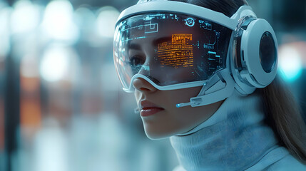Poster - Woman using futuristic headset, city background