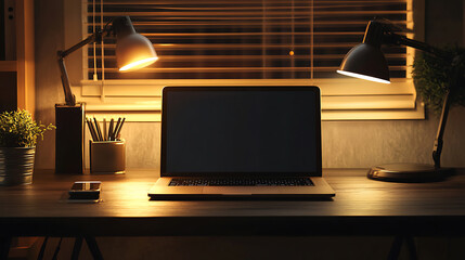 Fototapete - Modern dark wooden office desk at night under the warm light from table lamp with laptop computer, accessories and copy space for product display, close-up