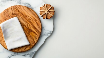 Poster - A high angle view of a minimalist marble table surface with a simple wooden board and soft fabric napkin arrangement showcasing a clean and elegant interior design with natural