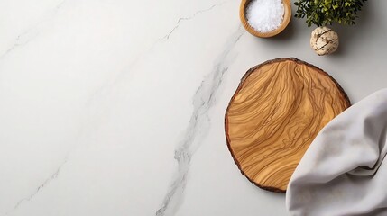 Poster - Minimalist marble surface with a wooden board and soft fabric napkin viewed from a high angle perspective  Simple clean and elegant tabletop arrangement for kitchen dining or product photography