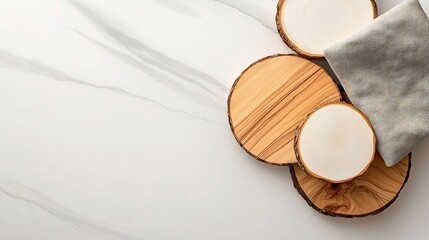 Poster - Minimalist and elegant composition featuring a marble surface a wooden board and a soft fabric napkin captured from a high angle perspective  This image showcases a clean natural