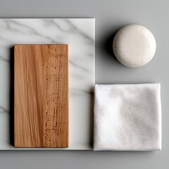Poster - Minimalist top down view of a marble table surface featuring a wooden board and a crisp white linen napkin