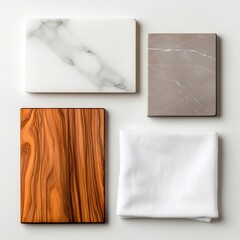 Poster - Minimalist top down view of a marble table surface featuring a wooden board and a crisp white linen napkin