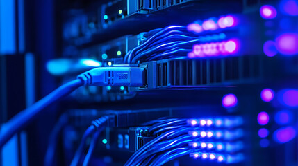 Aufkleber - Network server panel, switch and patch cord cable in data center glowing in the dark, blue led