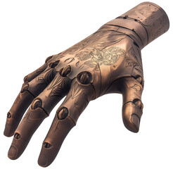 Poster - Intricately designed copper mechanical hand with embossed floral patterns, isolated on transparency background, showcasing craftsmanship and steampunk aesthetics