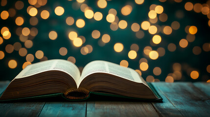 Poster - Open book on wooden table in front of bokeh lights background