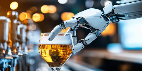 Poster - robotic arm delicately holds glass of amber liquid in modern bar setting, showcasing advanced technology and automation in hospitality