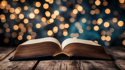 Poster - Open book on wooden table in front of bokeh lights background