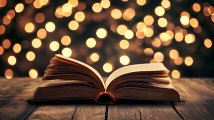 Aufkleber - Open book on wooden table in front of bokeh lights background