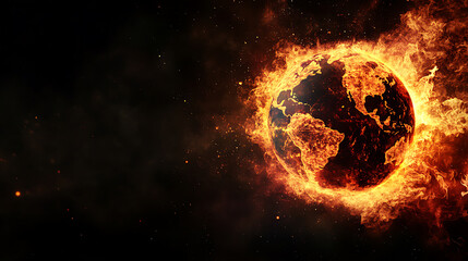 Aufkleber - Planet earth burning in fire on a black background, global warming concept