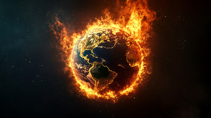 Aufkleber - Planet earth burning in fire on a black background, global warming concept