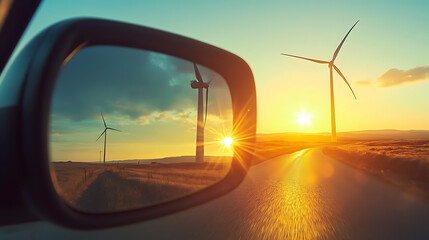 Aufkleber - Rearview mirror driving a car and seeing an electric windmill generator