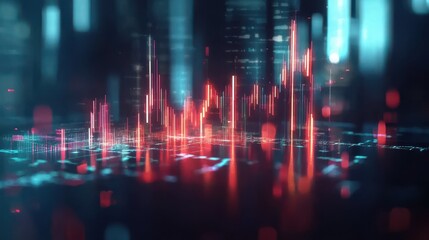 Poster - creative glowing big data forex candlestick chart on blurry city background. trade, technology, inve