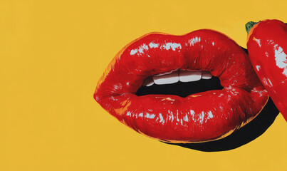 Poster - Vibrant Red Lips and Chili Pepper on Bold Yellow Background - Pop Art Style