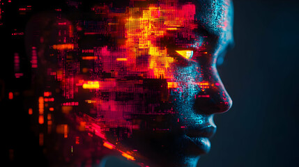 Poster - Digital Face, Glitch Art, Dark Background, AI, Concept