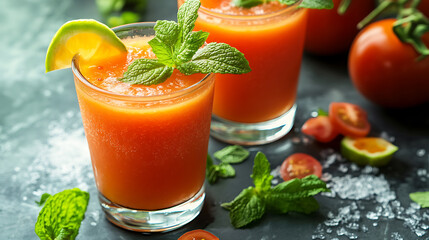 Poster - Sip of sunshine: vibrant tomato juice with a tropical twist