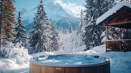 Poster - Ski resort in the mountains, a hot tub with spa near a winter forest with a snow covered mountain in background