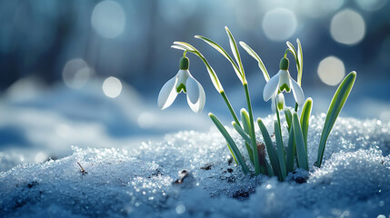 Poster - Snowdrops emerging from snow, signaling spring's arrival, against a backdrop of soft blue light, imbolc theme