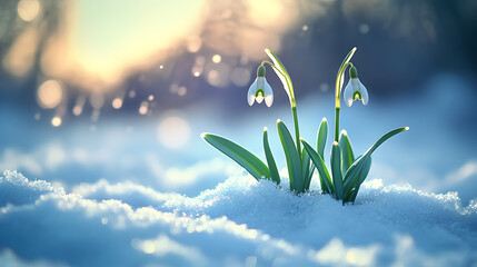 Poster - Snowdrops emerging from snow, signaling spring's arrival, against a backdrop of soft blue light, imbolc theme