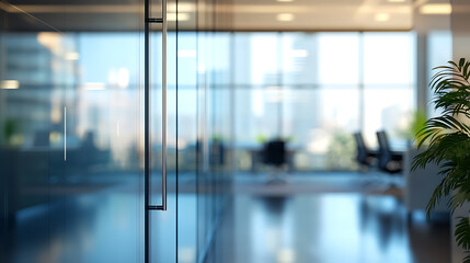 Poster - Sophisticated office panorama with reflective glass surfaces and blurred background