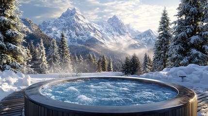 Poster - Ski resort in the mountains, a hot tub with spa near a winter forest with a snow covered mountain in background