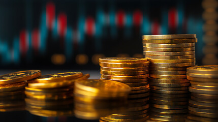 Poster - Stack of gold money coin with trading graph, financial investment concept can be use as background