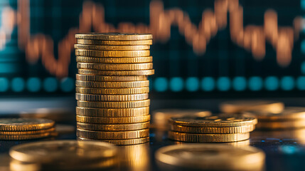 Poster - Stack of gold money coin with trading graph, financial investment concept can be use as background