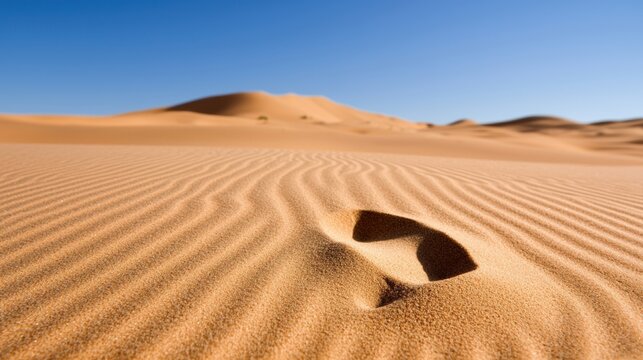 A serene, sand footprint in vast negative space, embodying journey and simplicity Ideal for text overlay and creative projects