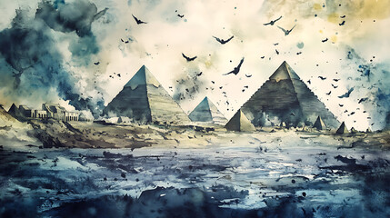 Aufkleber - The plagues of egypt, watercolor illustration of egypt pyramids and the locusts flying over the nile
