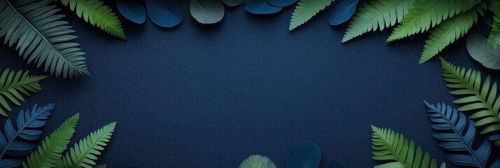 Wall Mural - Green fern leaves bordering dark blue background creating copy space