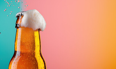 Colorful Beer Bottle with Foam against Vibrant Blue and Orange Background