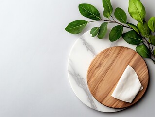 Poster - Overhead view of a simple yet elegant culinary scene featuring a marble surface a wooden board and a delicate linen napkin  The muted colors natural lighting