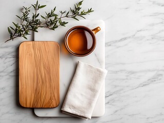 Poster - Overhead view of a refined and inviting culinary still life captured on a minimal marble surface featuring a simple wooden board and delicate linen napkin with natural lighting soft focus