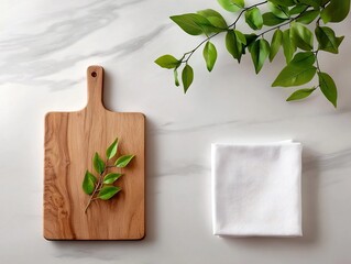 Poster - Elegant overhead view of a refined kitchen counter styling with a rustic wooden board and elegantly folded white linen napkin bathed in warm natural light for a bright airy and minimalist ambiance
