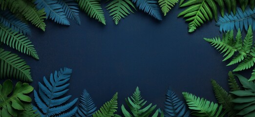 Wall Mural - Green fern leaves bordering dark blue background creating copy space