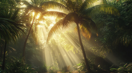 Wall Mural - Lush tropical forest with sunlight filtering through palm trees.