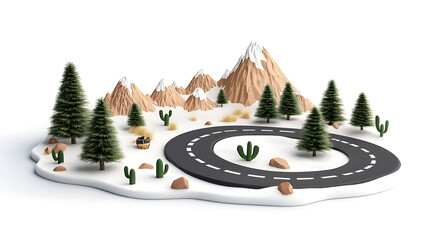 Aufkleber - 3d illustration of isometric circle road, infinity circle road with desert and snow forest isolated with mountains, pine tress, cactus, unusual travel concept design isolated on white background