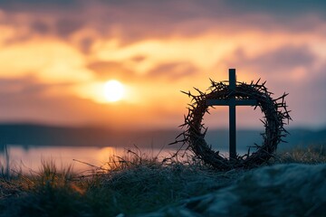 Wall Mural - crown of thorns of jesus christ against silhouette of catholic cross at sunset background
