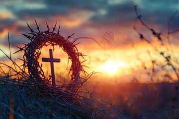 Wall Mural - crown of thorns of jesus christ against silhouette of catholic cross at sunset background