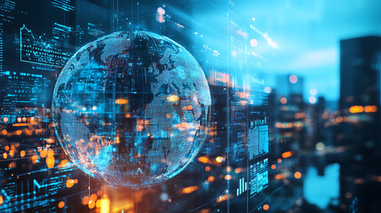 Poster - A double exposure of the globe and glass building in an urban setting, symbolizing global business background filled with digital data visualizations representing advanced cyber security