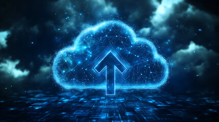 Aufkleber - A futuristic cloud with an arrow pointing up, symbolizing the upward trend of digital transformation in business technology and data use cases