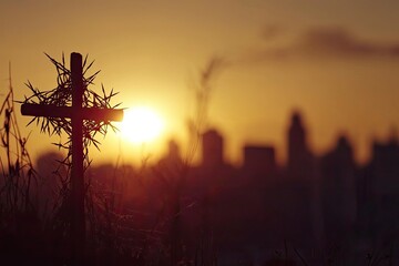 Wall Mural - Crown of thorns of Jesus Christ against silhouette of catholic cross at sunset background 