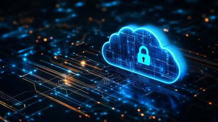 Aufkleber - A glowing blue cloud with a padlock icon floating above it on a dark background, symbolizing security in the digital world of data
