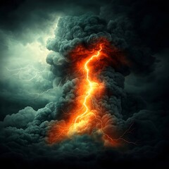 Fototapete - Intense electric discharge with bold branching lightning bolts against a backdrop of roiling storm clouds in a darkened atmospheric twilight landscape creating a striking